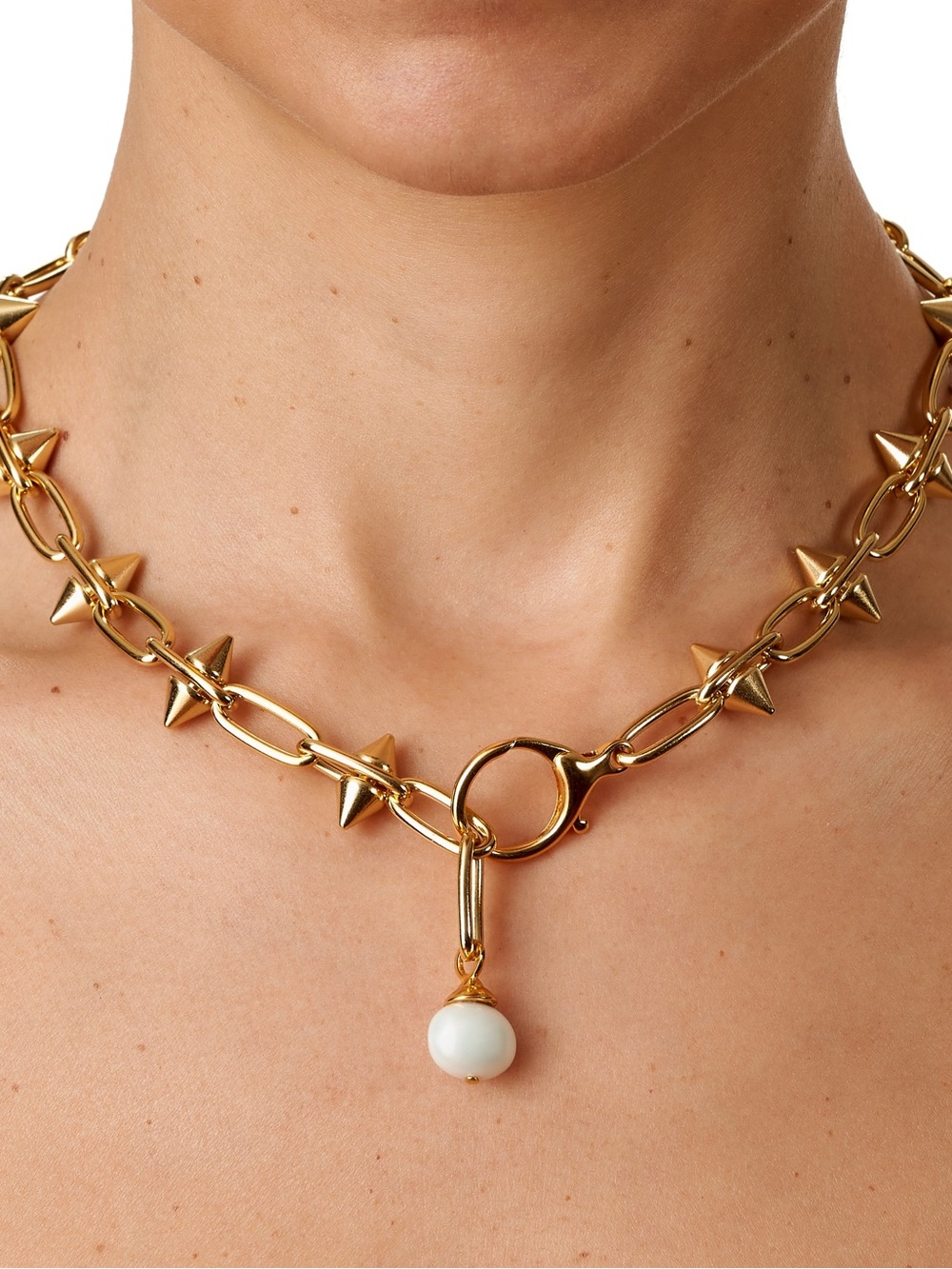 Gold Spike Link Necklace with White Pearl Charm